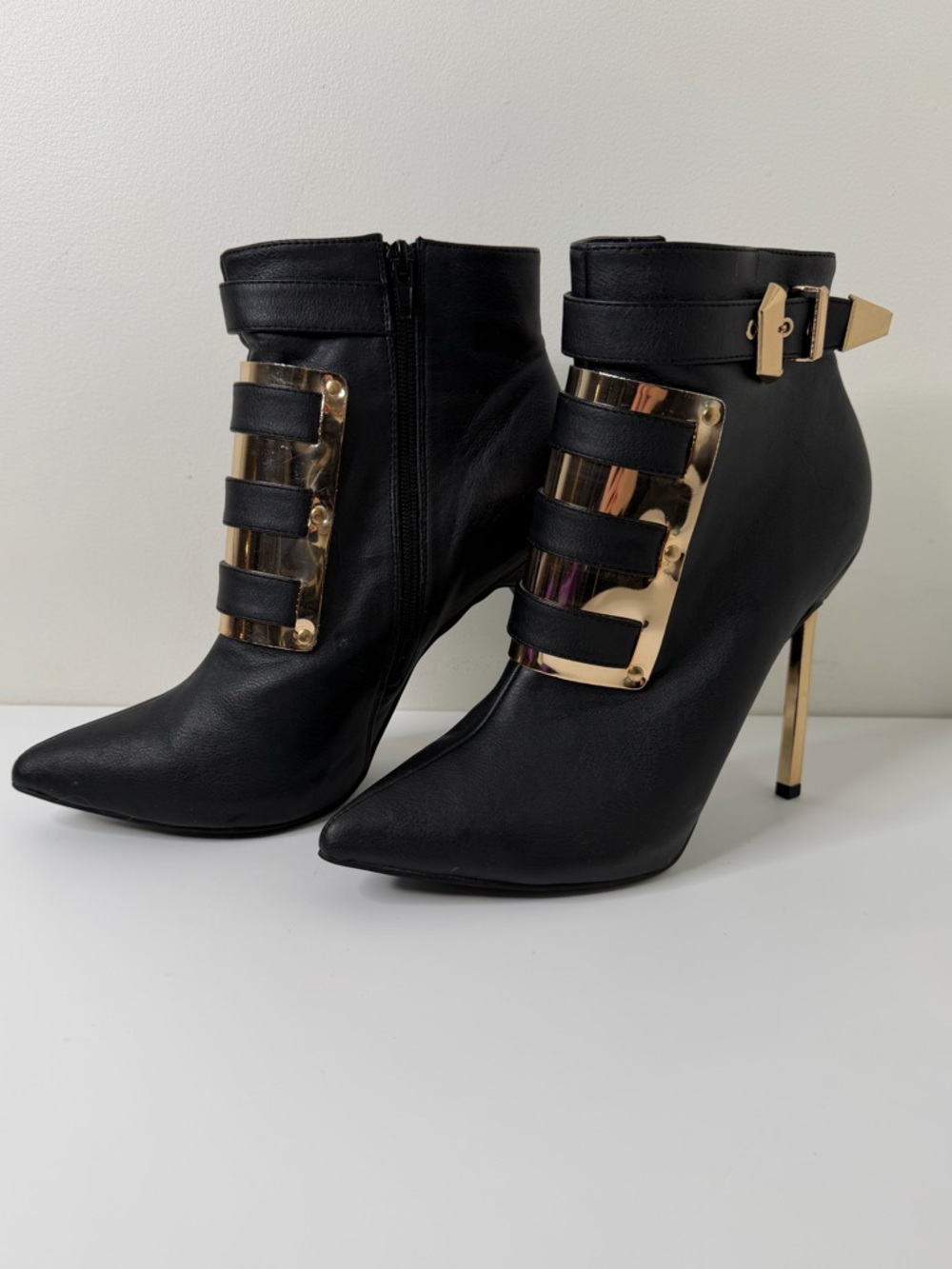Privileged Gold Metal Plate Stiletto Booties Black Vegan Leather size 10